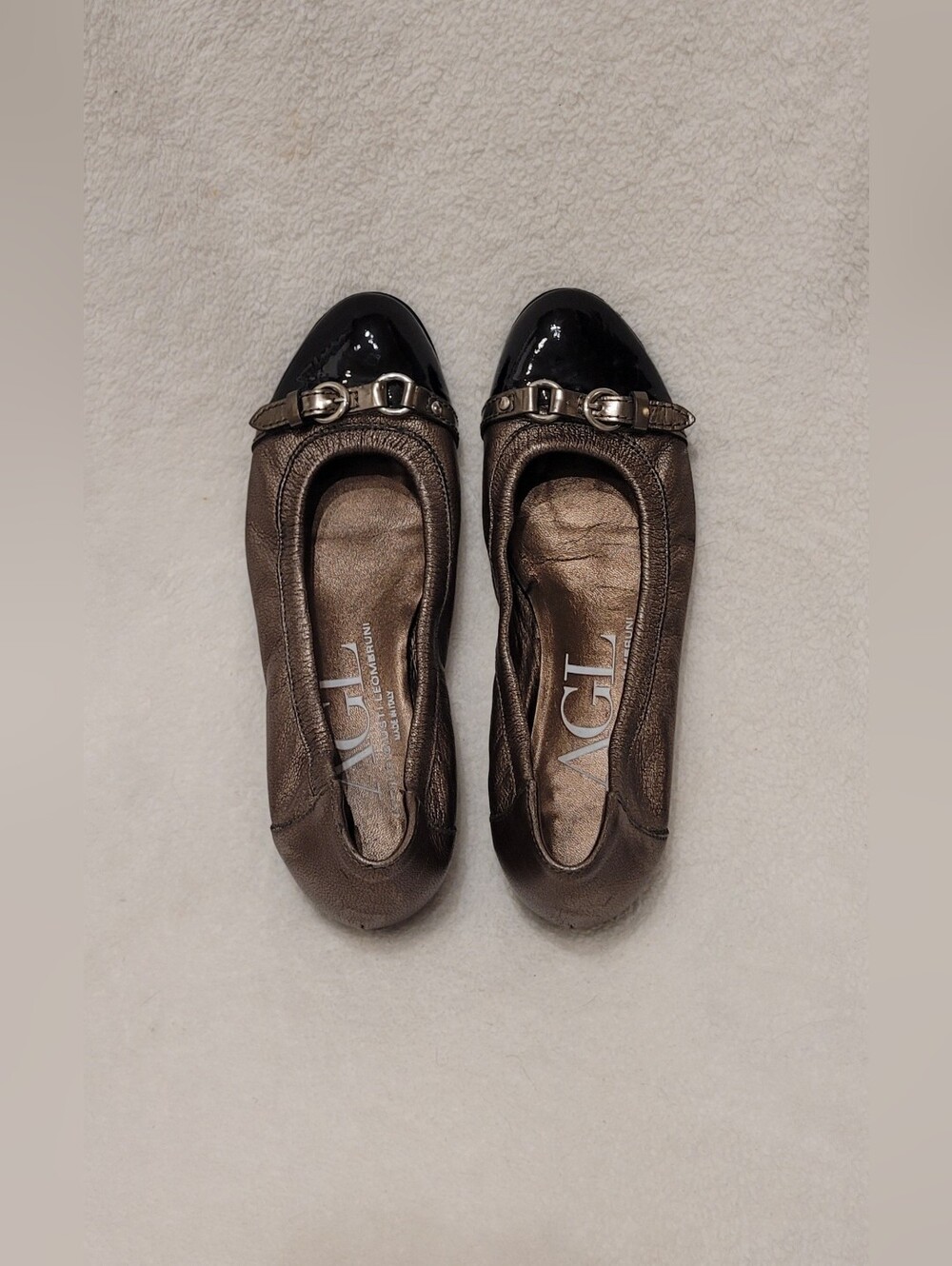 ​AGL Monika Metallic Bronze Cap Toe Buckle Ballet Flats Italy Womens 38 US 8